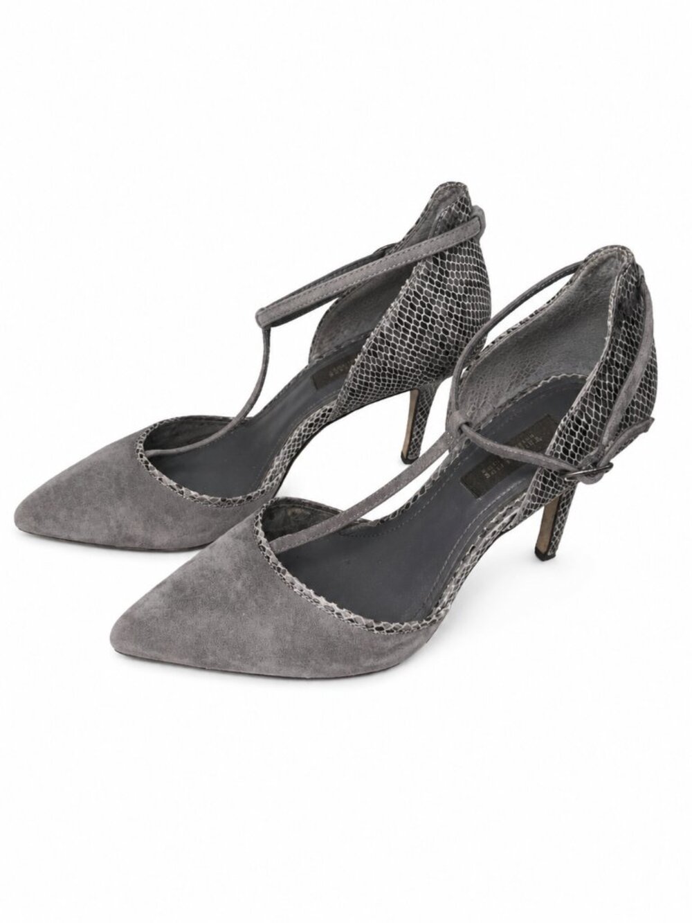 White House Black Market Gray Snakeskin T-Strap Pointed Toe Heels Size 7.5